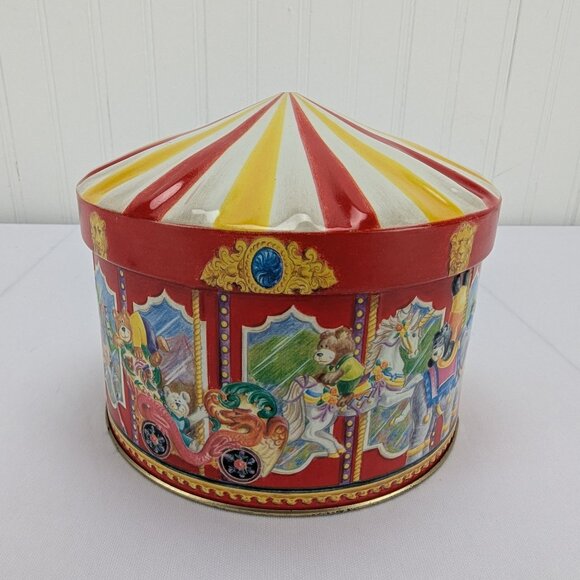 Vintage SCC Teddy Bear Merry Go Round Carousel Metal Tin Empty No Flag - Picture 1 of 10